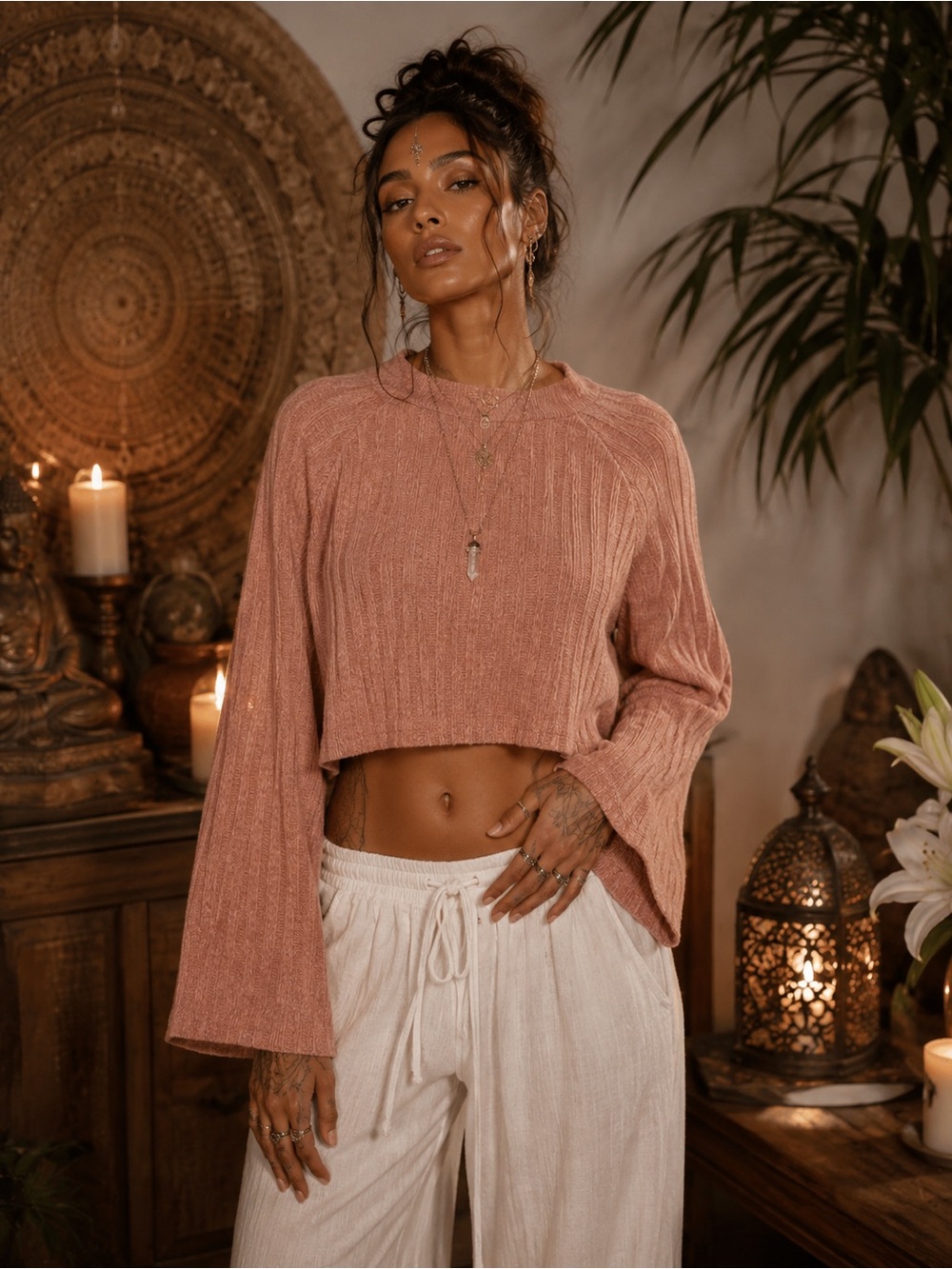 Sadie & Sage Soft Ribbed Crop Mock-Neck Sweater | Dusty Rose Pink | Bell sleeves